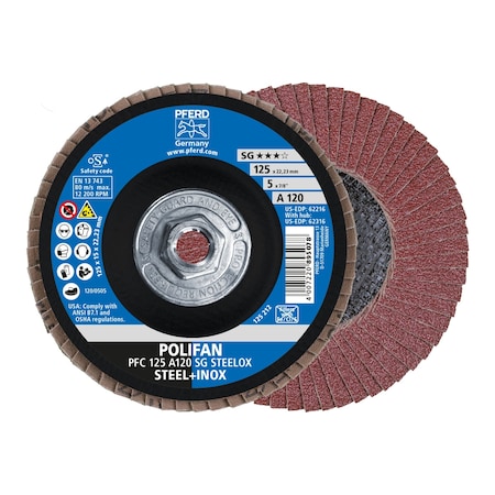 5 X 5/8-11 Thd. POLIFAN® Flap Disc - A SG STEELOX, Aluminum Oxide, 120 Grit, Conical